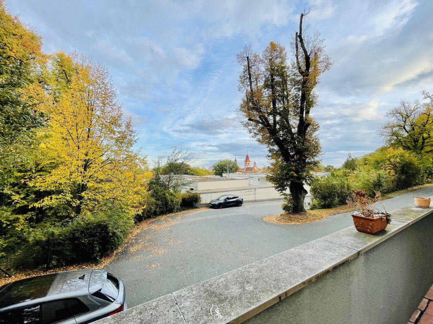 Aussicht vom Balkon auf eine von Herbstbäumen gesäumte Straße und entfernte Gebäude.