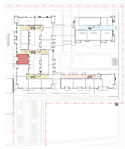 Übersichtsplan des Gebäudekomplexes mit mehreren Wohneinheiten und Parkplätzen.