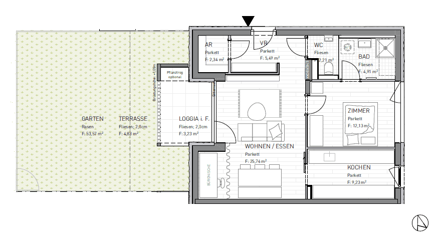 Grundriss einer Wohnung mit Garten, Terrasse, Loggia und offenem Wohn-Essbereich.