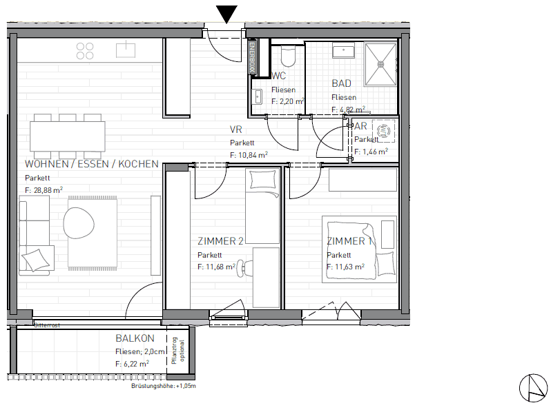 Grundriss einer Wohnung mit offenem Wohn-/Essbereich, zwei Zimmern, Bad, WC und Balkon.