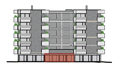 Architektonische Ansicht der Gebäudefassade mit zahlreichen Balkonen und moderner Gestaltung.