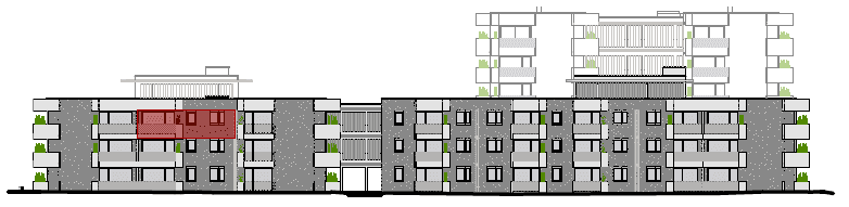 Architektonische Ansicht der Gebäudefassade mit Balkonen und markiertem Wohnbereich.