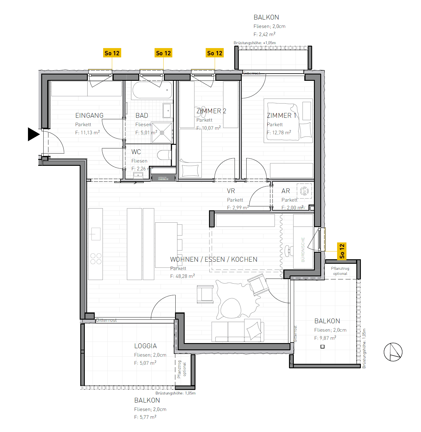 Detaillierter Grundriss einer Wohnung mit offenem Wohnbereich, zwei Schlafzimmern und mehreren Balkonen.