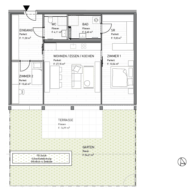 Grundriss einer Wohnung mit offenem Wohnbereich, zwei Schlafzimmern, Bad, WC, Terrasse und Garten.