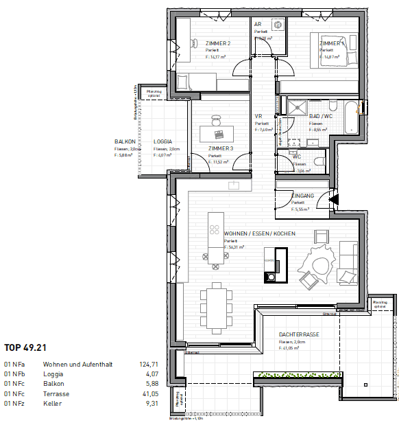 Detaillierter Grundriss einer Wohnung mit offenem Wohnbereich, drei Zimmern, Bad und Dachterrasse.