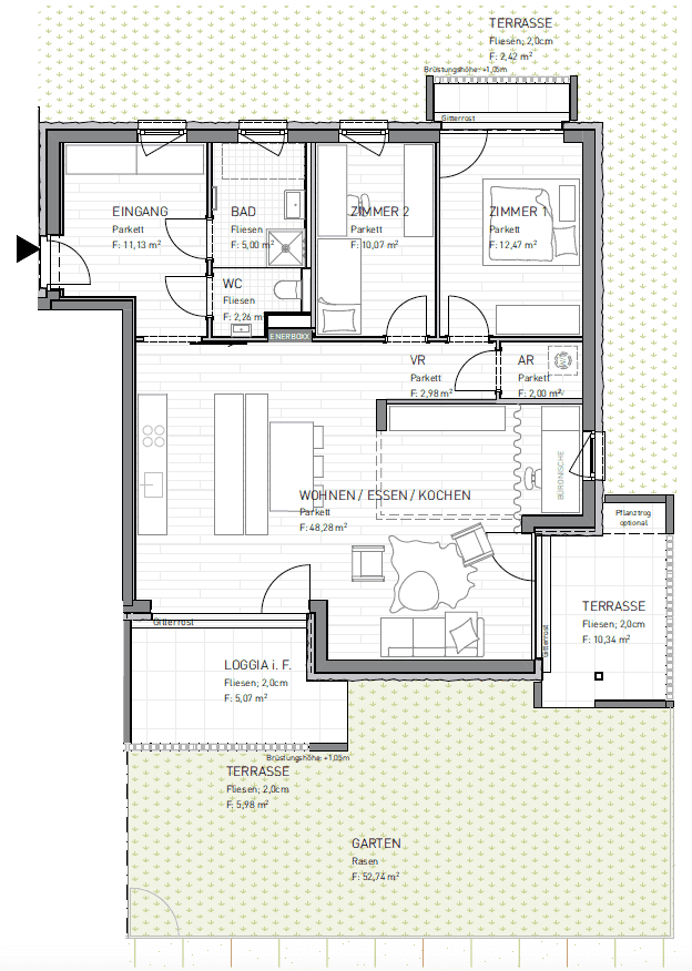 Detaillierter Grundriss einer Wohnung mit offenem Wohnbereich, zwei Schlafzimmern, Bad, separatem WC, Loggia und zwei Terrassen mit Garten.
