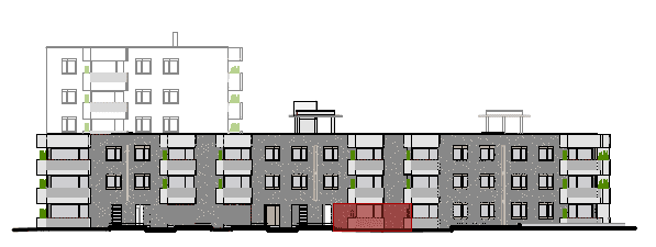 Architektonische Ansicht der Gebäudefassade mit Balkonen und Fenstern.