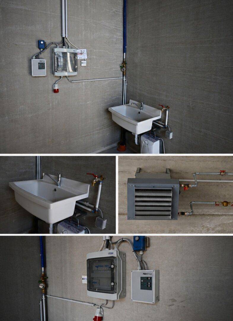 Detailaufnahmen von Sanitärinstallationen, Heizungs-/Lüftungstechnik und Elektrik in einem Industrieraum.