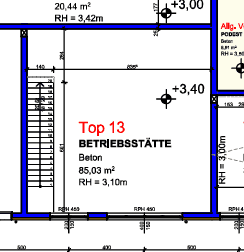 Grundriss einer Betriebsstätte mit Treppenhaus und offener Raumgestaltung.