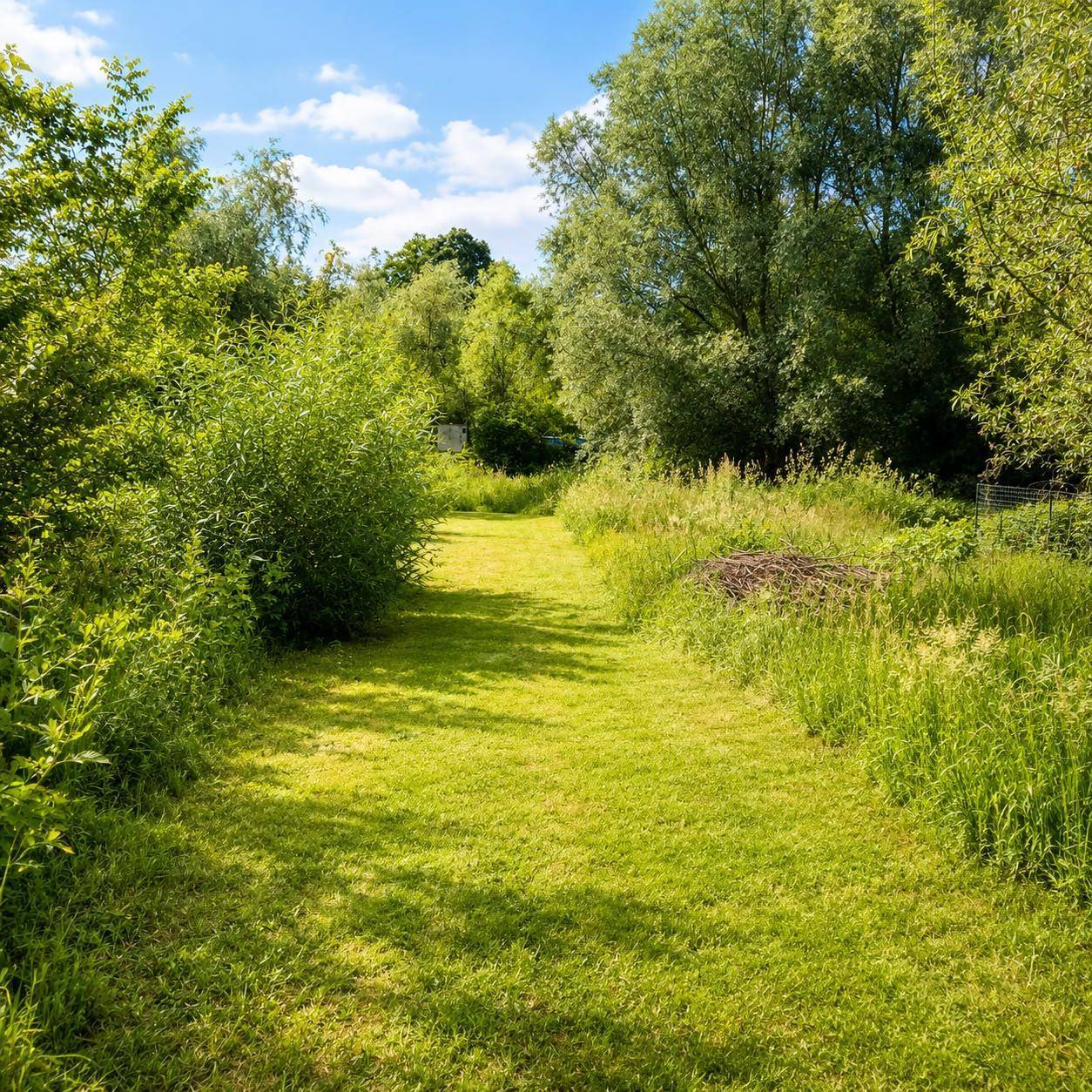 Naturbelassener Gartenbereich mit einem Pfad durch hohes Gras und umgebenden Bäumen.