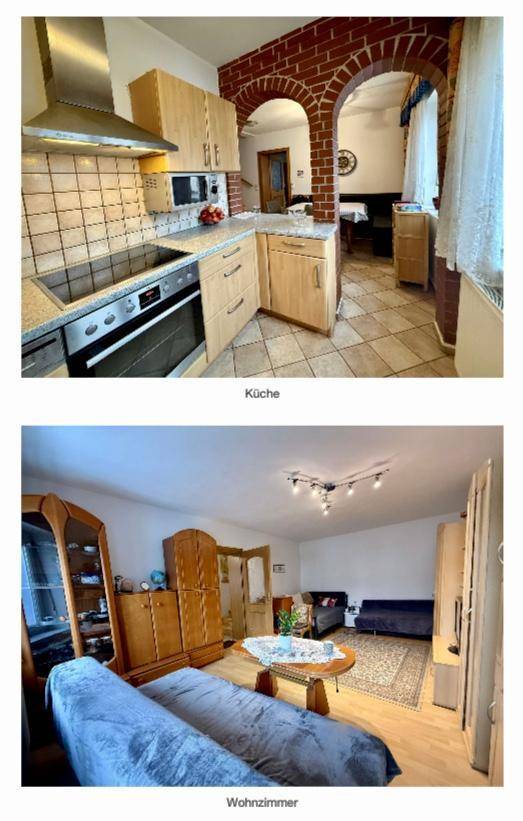 Küche mit Holzschränken und Wohnzimmer mit traditionellen Möbeln und Teppich.