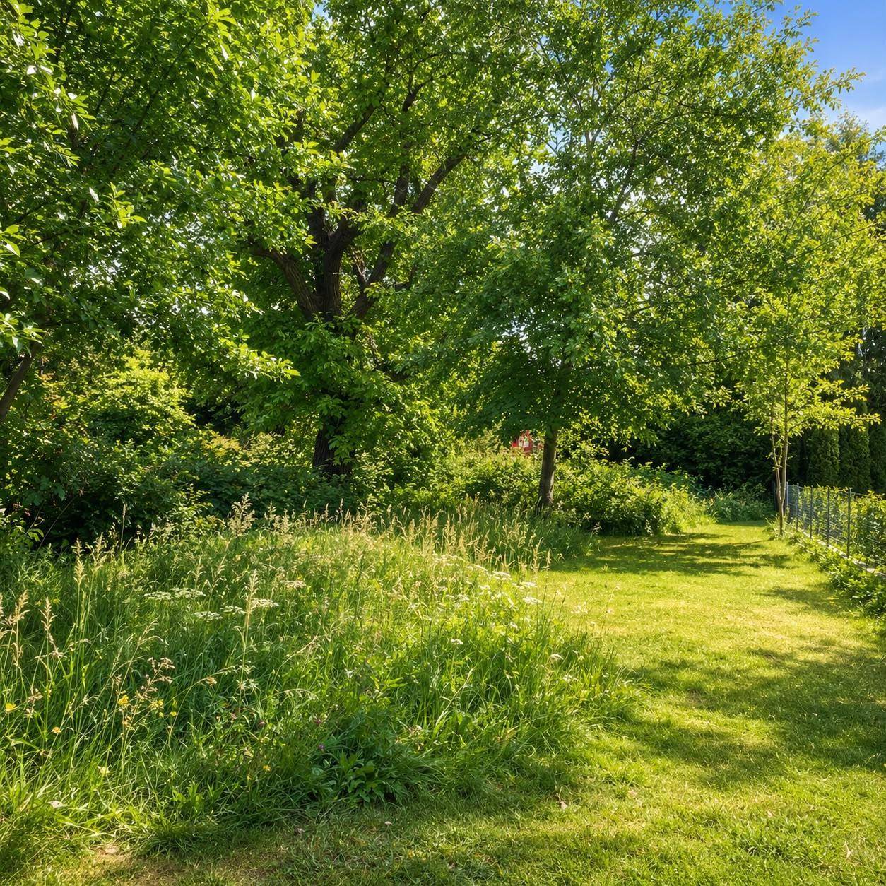 Großer Gartenbereich mit altem Baumbestand und sonniger Rasenfläche.