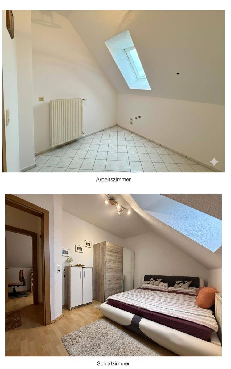 Ansichten eines Arbeitszimmers und eines Schlafzimmers mit Dachschrägen und Dachfenstern.