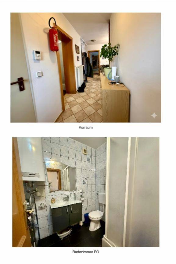 Eingangsbereich und Badezimmer im Erdgeschoss mit Fliesenboden und einfacher Ausstattung.