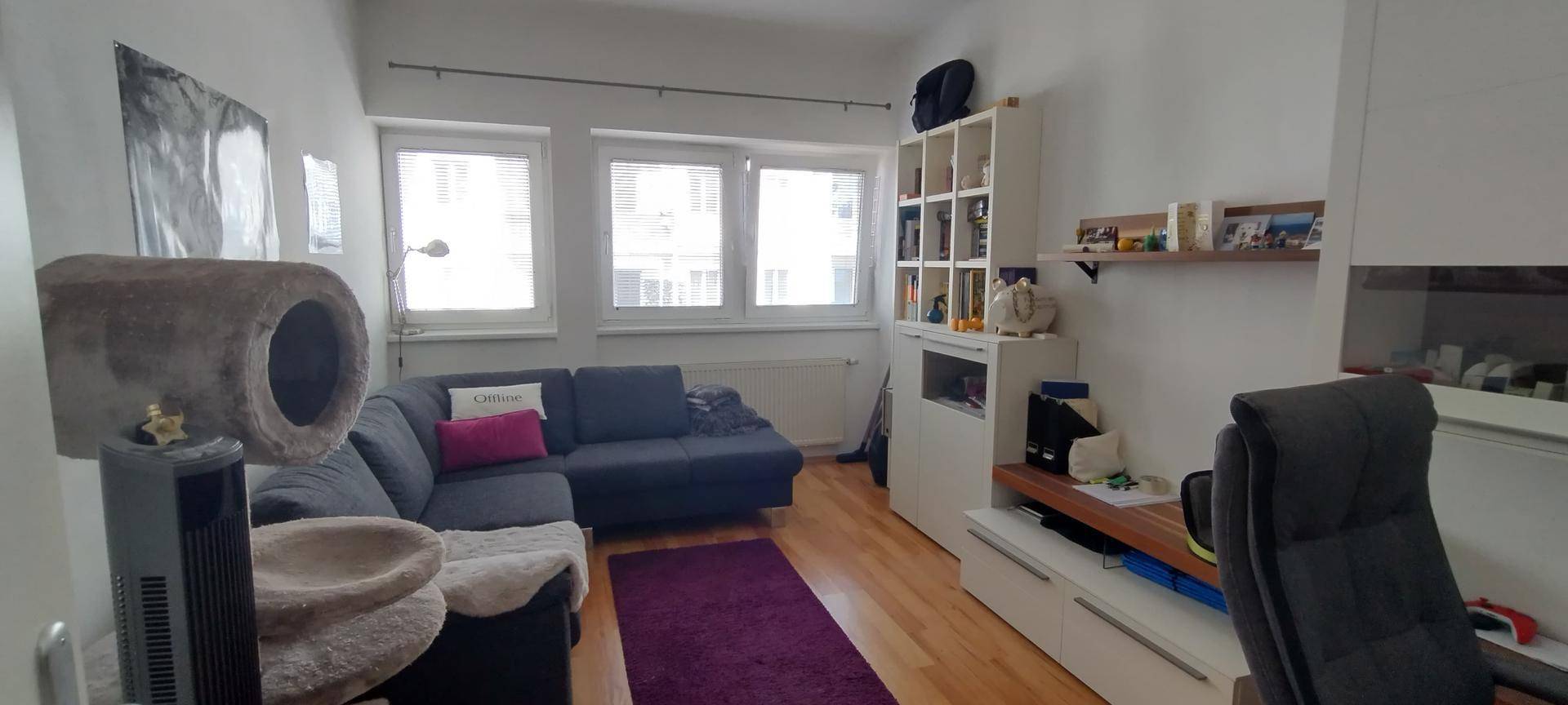 Helles Wohnzimmer mit einem bequemen Sofa, großen Fenstern und einem Bücherregal für Stauraum.