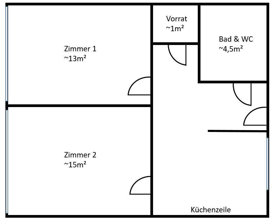 Grundrissplan zeigt zwei Zimmer, einen Vorratsraum, Bad mit WC und eine Küchenzeile.