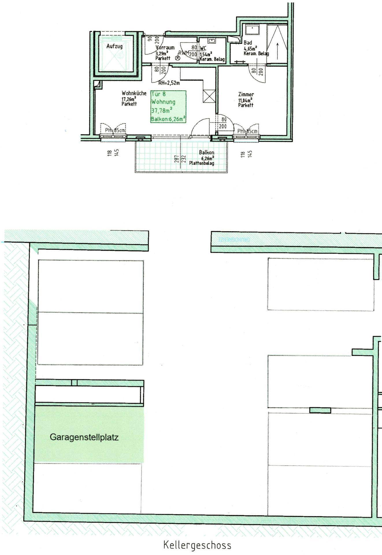 Grundrisse zeigen die Aufteilung einer Wohnung mit Balkon und einen Garagenstellplatz im Kellergeschoss.