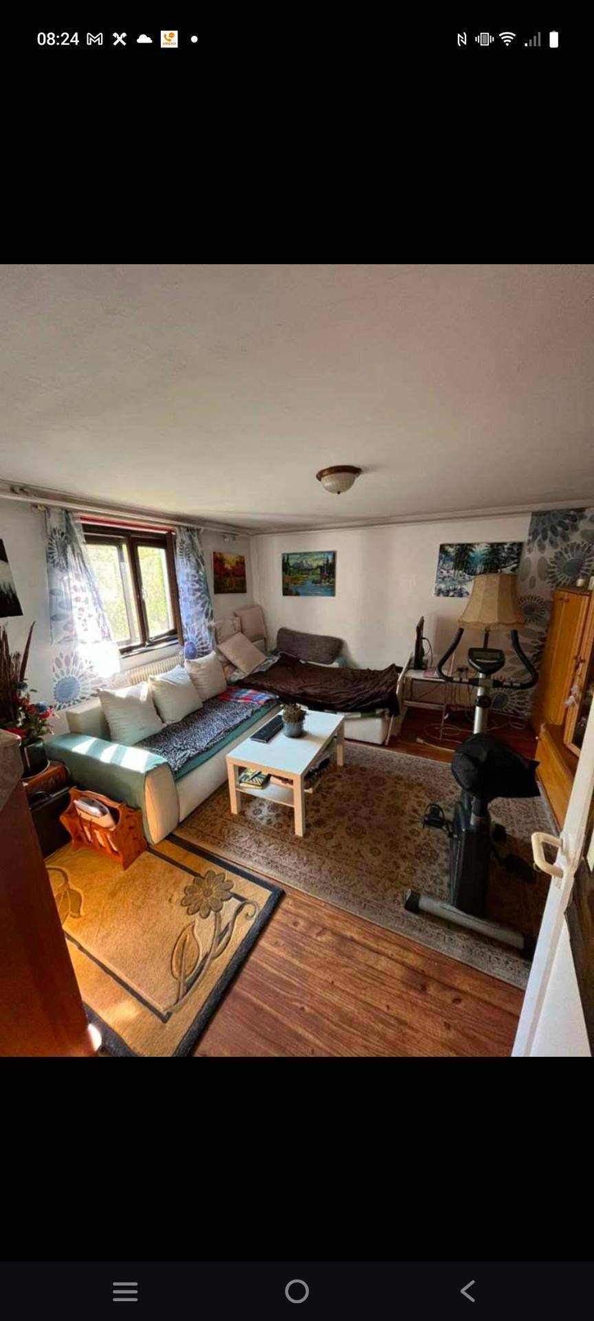 Helles Wohnzimmer mit Sofa, Holzboden und gemustertem Teppich, einladend und komfortabel.