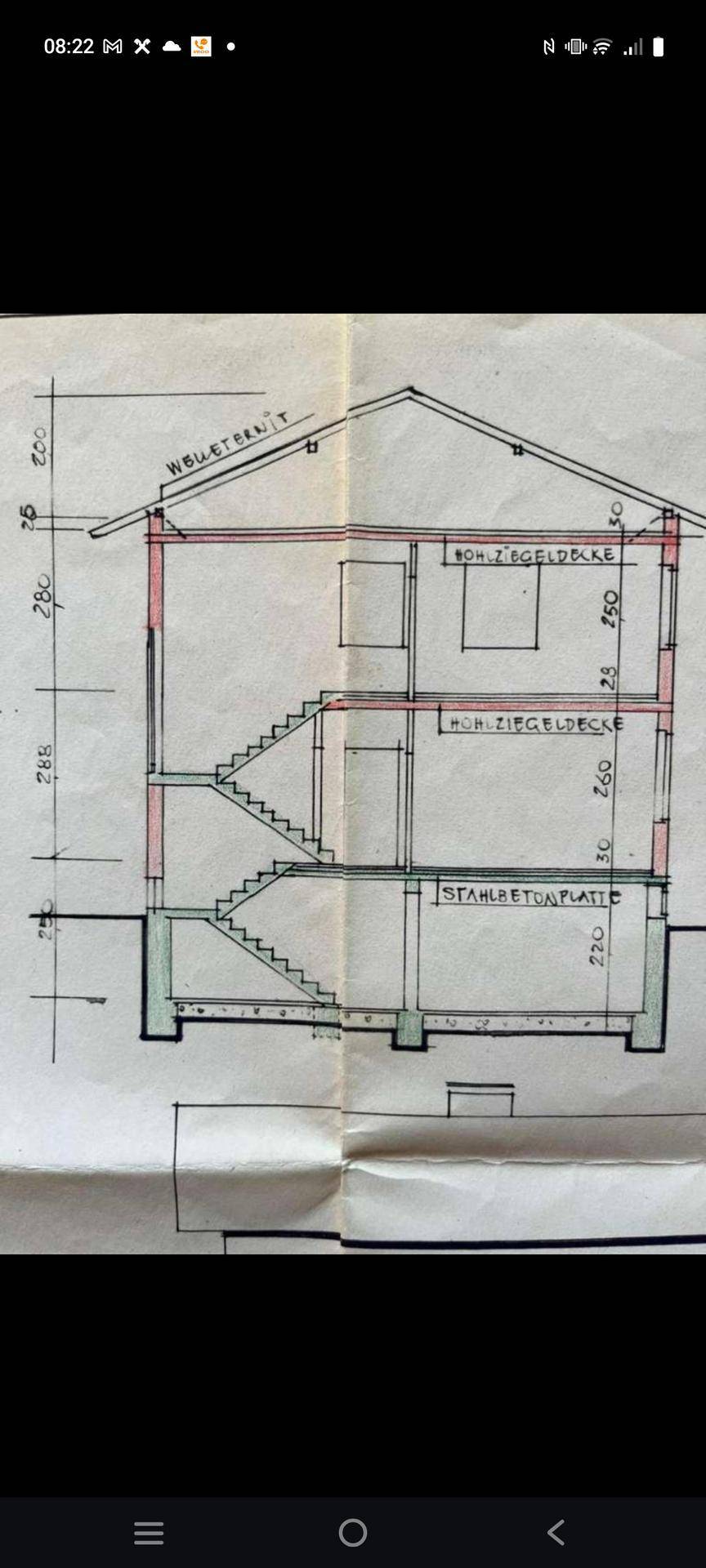 Architektonischer Querschnitt eines Gebäudes, der die verschiedenen Stockwerke und Treppen zeigt.