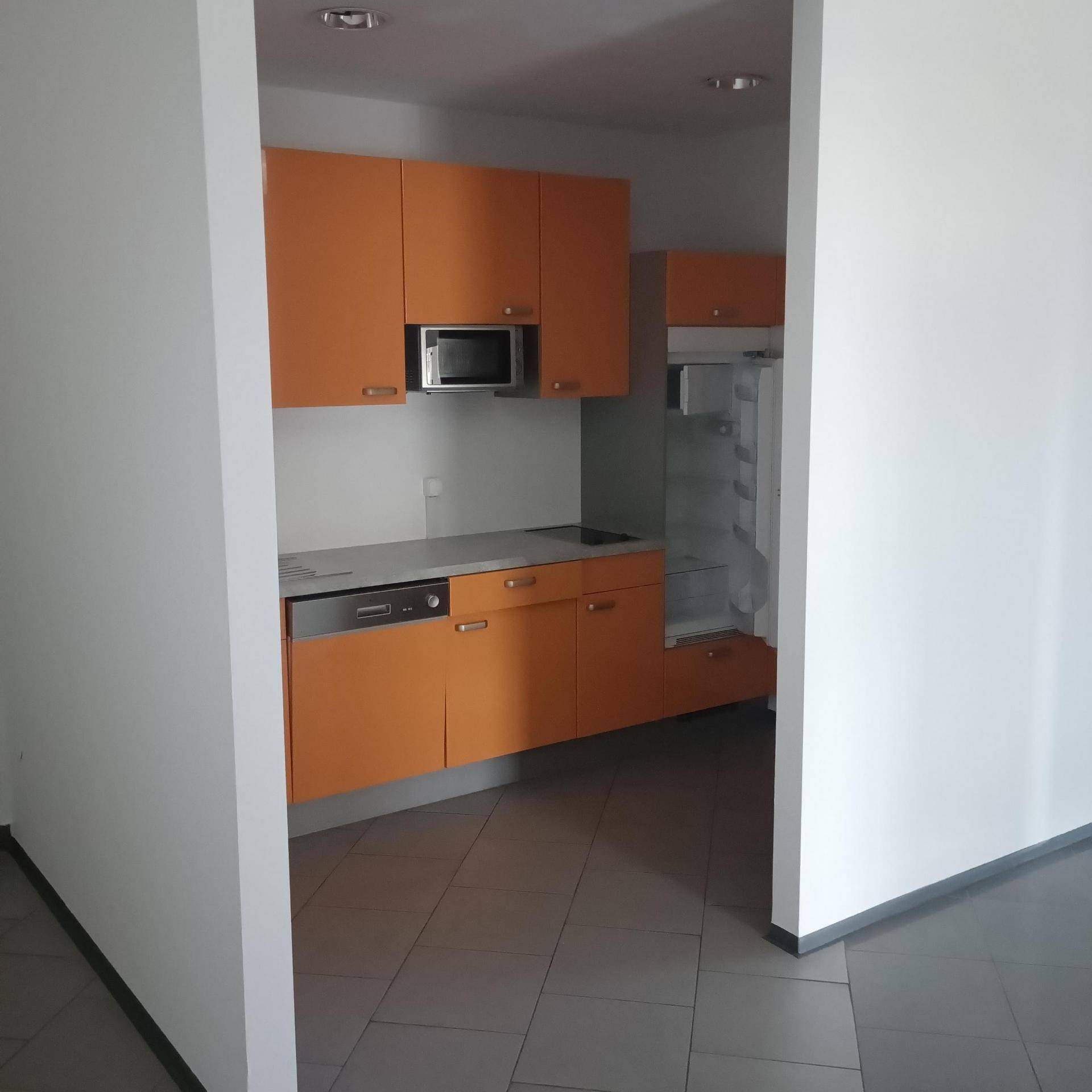 Kompakte Küchenzeile mit orangefarbenen Schränken, integrierter Mikrowelle, Kühlschrank und Spülmaschine in einem hellen Raum.