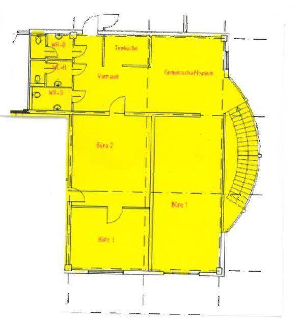 Grundrissplan eines Bürogeschosses mit mehreren Büroräumen, Teeküche, Gemeinschaftsraum und separaten Toiletten.