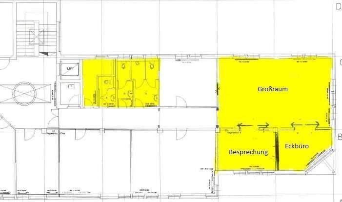Grundrissplan mit hervorgehobenen Bereichen für Großraumbüro, Besprechungsraum und Eckbüro.