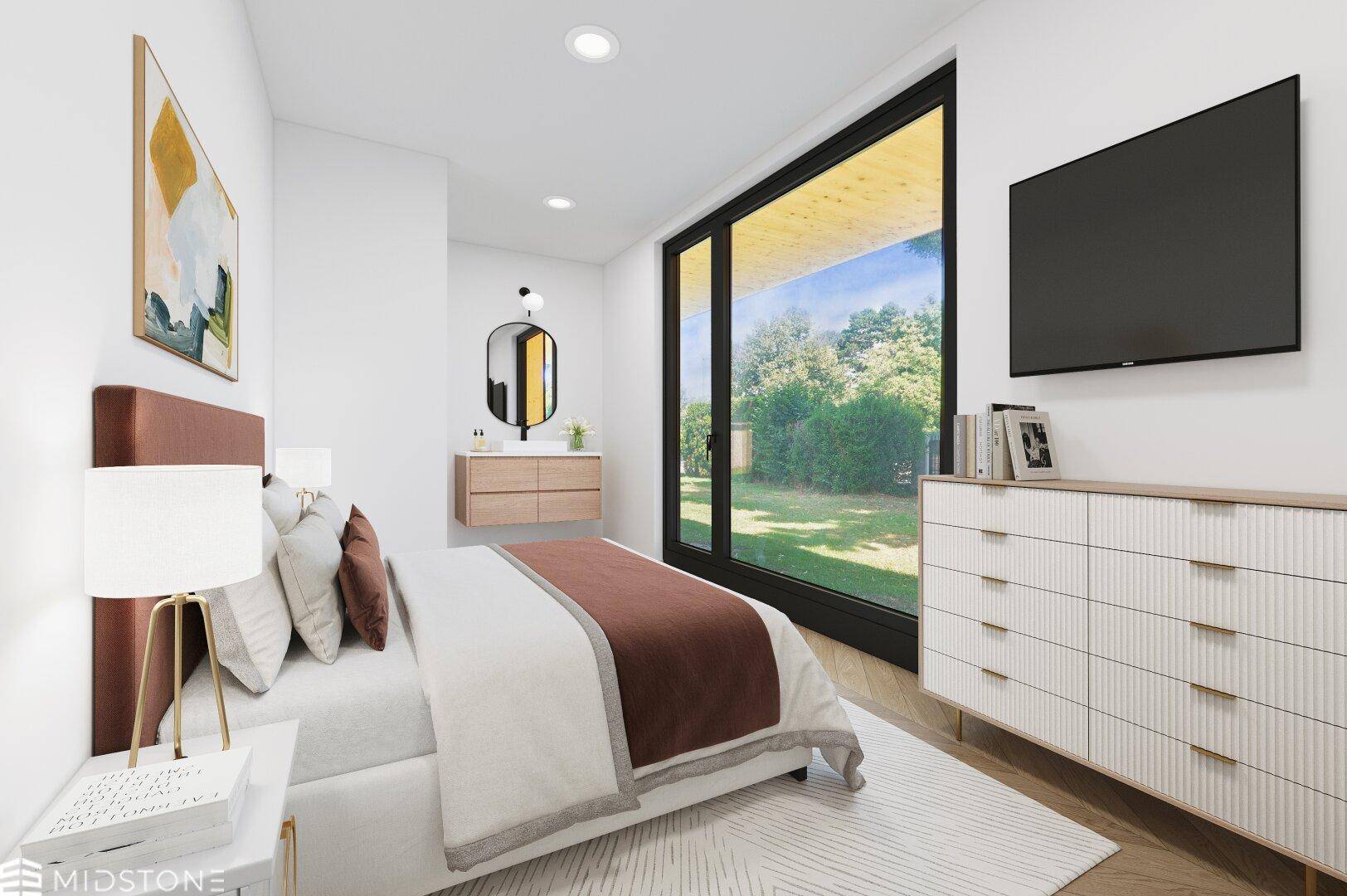 Modernes Schlafzimmer mit großem Fenster, das viel Tageslicht und einen Blick ins Grüne bietet.