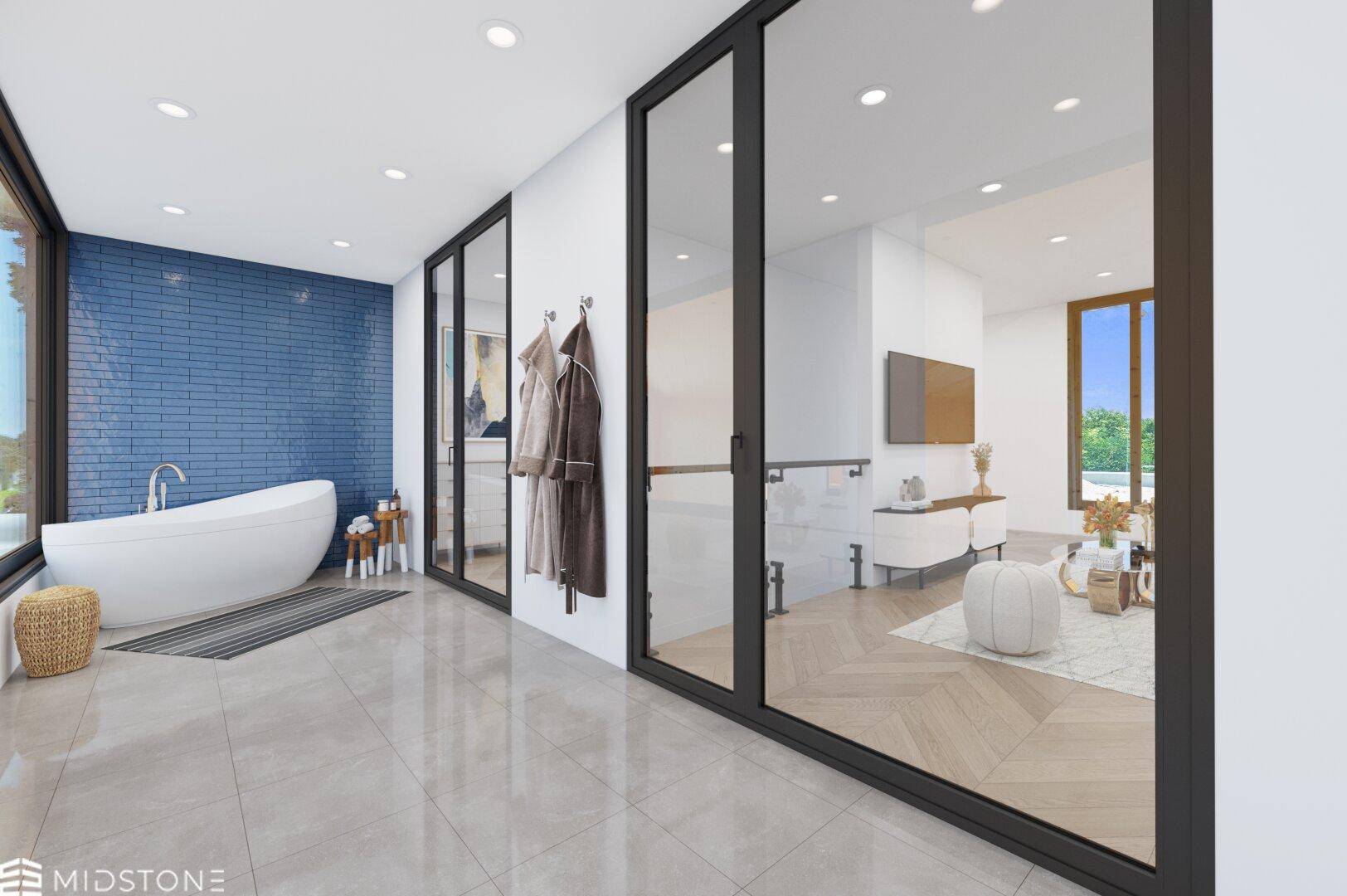 Modernes Badezimmer mit freistehender Badewanne, blauen Fliesen und Zugang zum Wohnbereich.