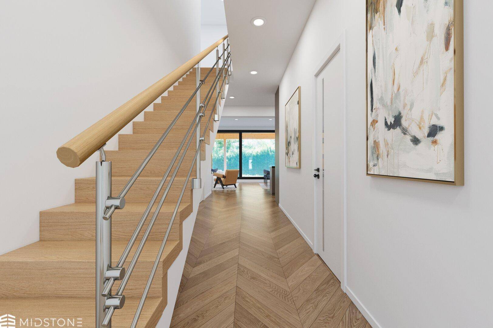 Heller Flur mit moderner Holztreppe und elegantem Fischgrätparkett, der zum Wohnbereich führt.