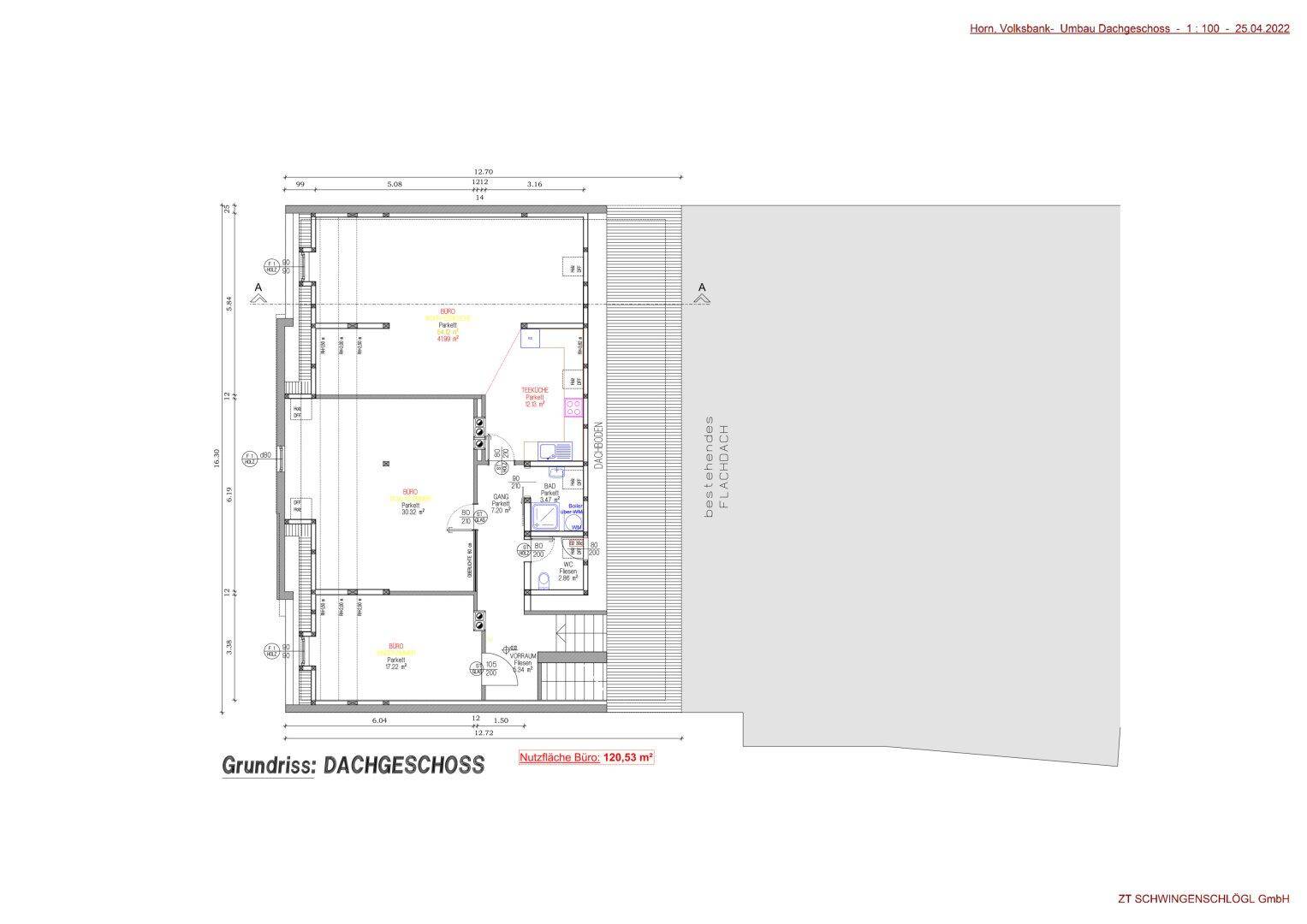 Grundriss des Dachgeschosses mit einer Nutzfläche von 128,33 m², zeigt die Raumaufteilung und Fenster.