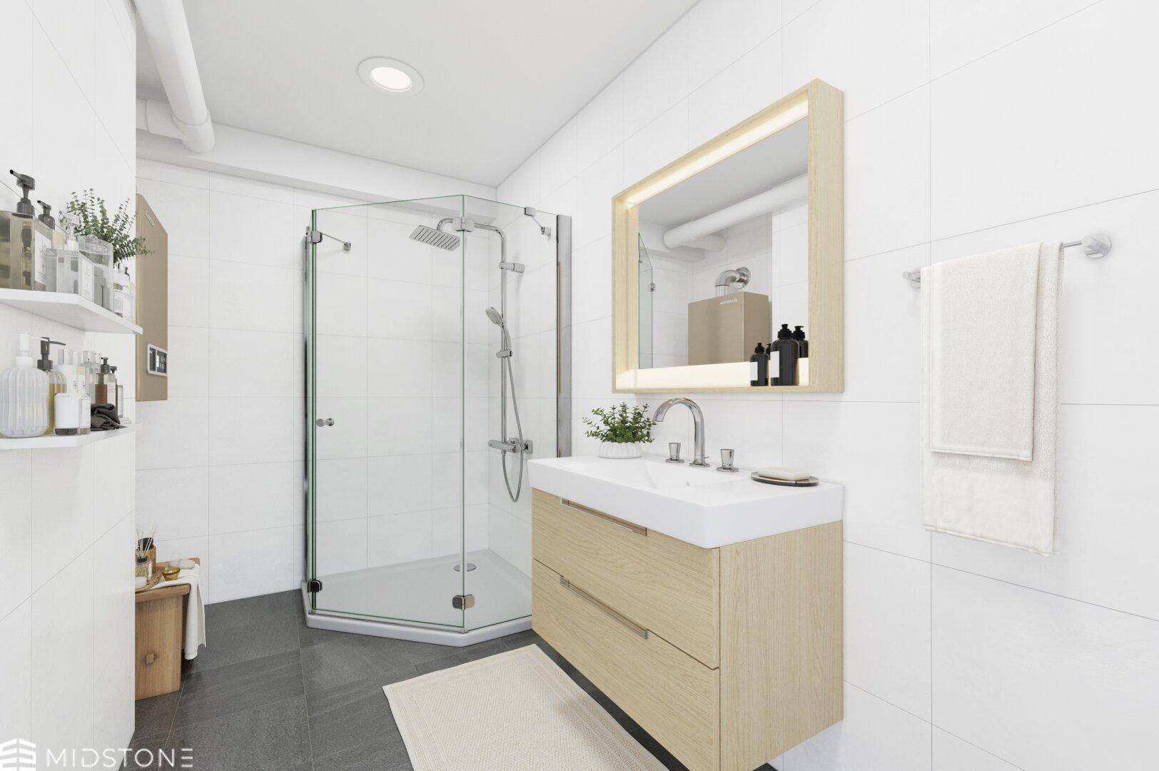 Modernes Badezimmer mit Duschkabine, elegantem Waschtisch und großen weißen Fliesen.