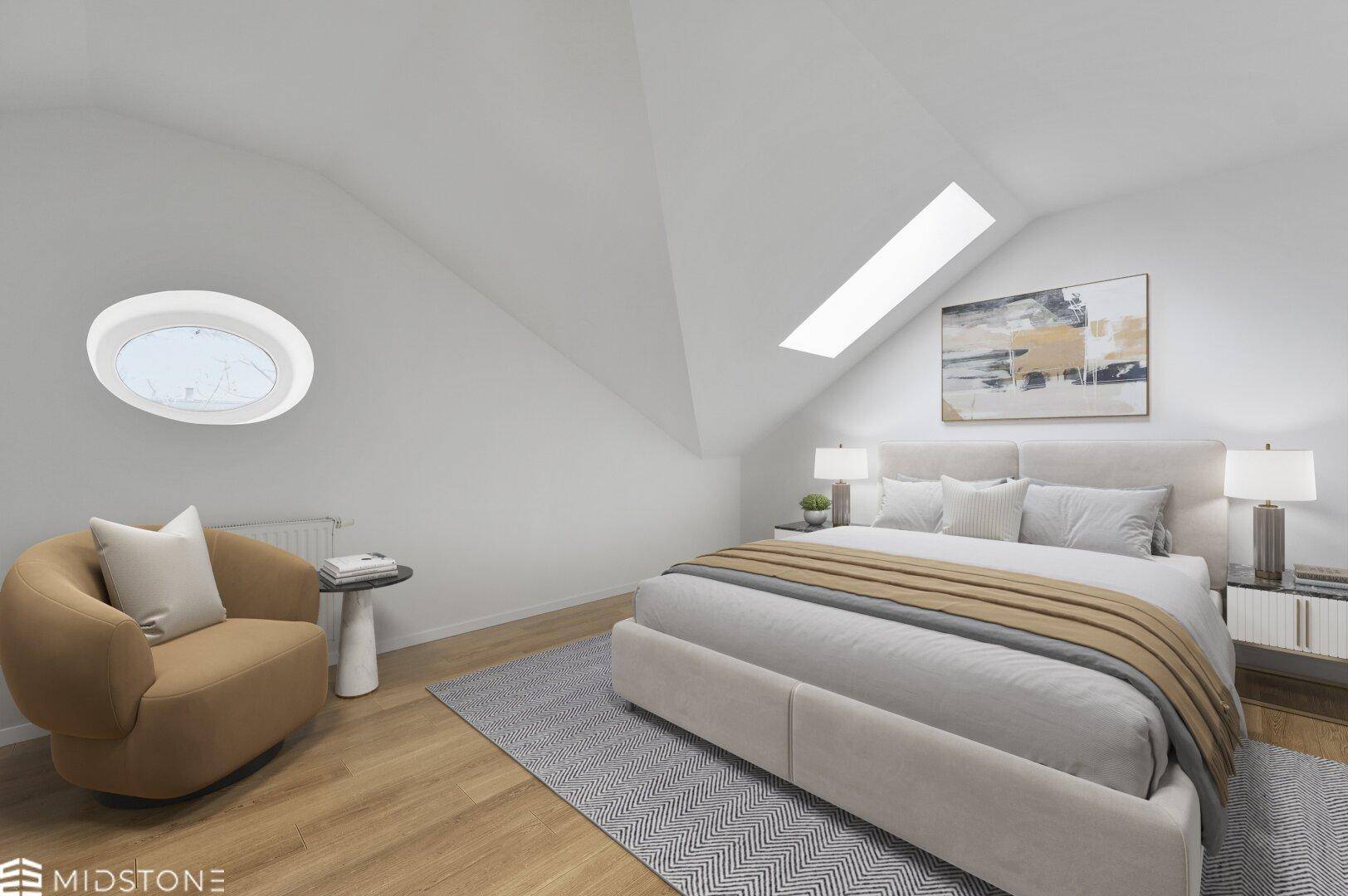 Gemütliches Schlafzimmer im Dachgeschoss mit schrägen Wänden, Dachfenstern und modernem Mobiliar.
