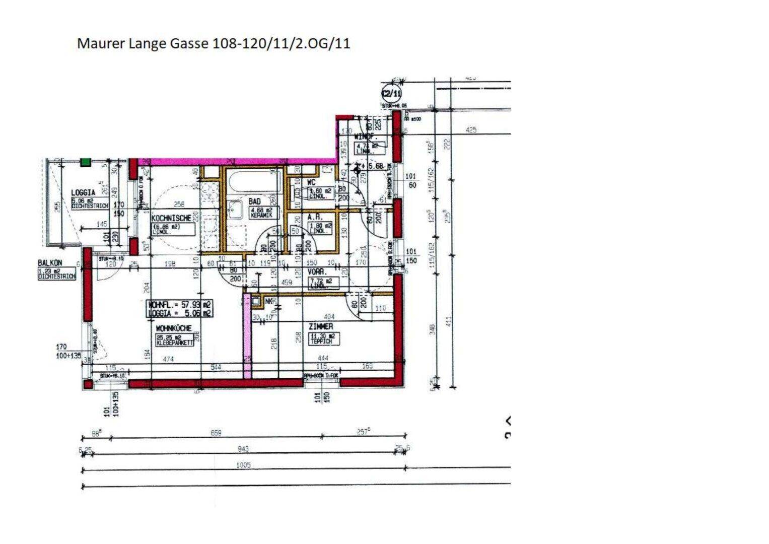 Grundriss der Wohnung mit Loggia, Balkon und Raumaufteilung.