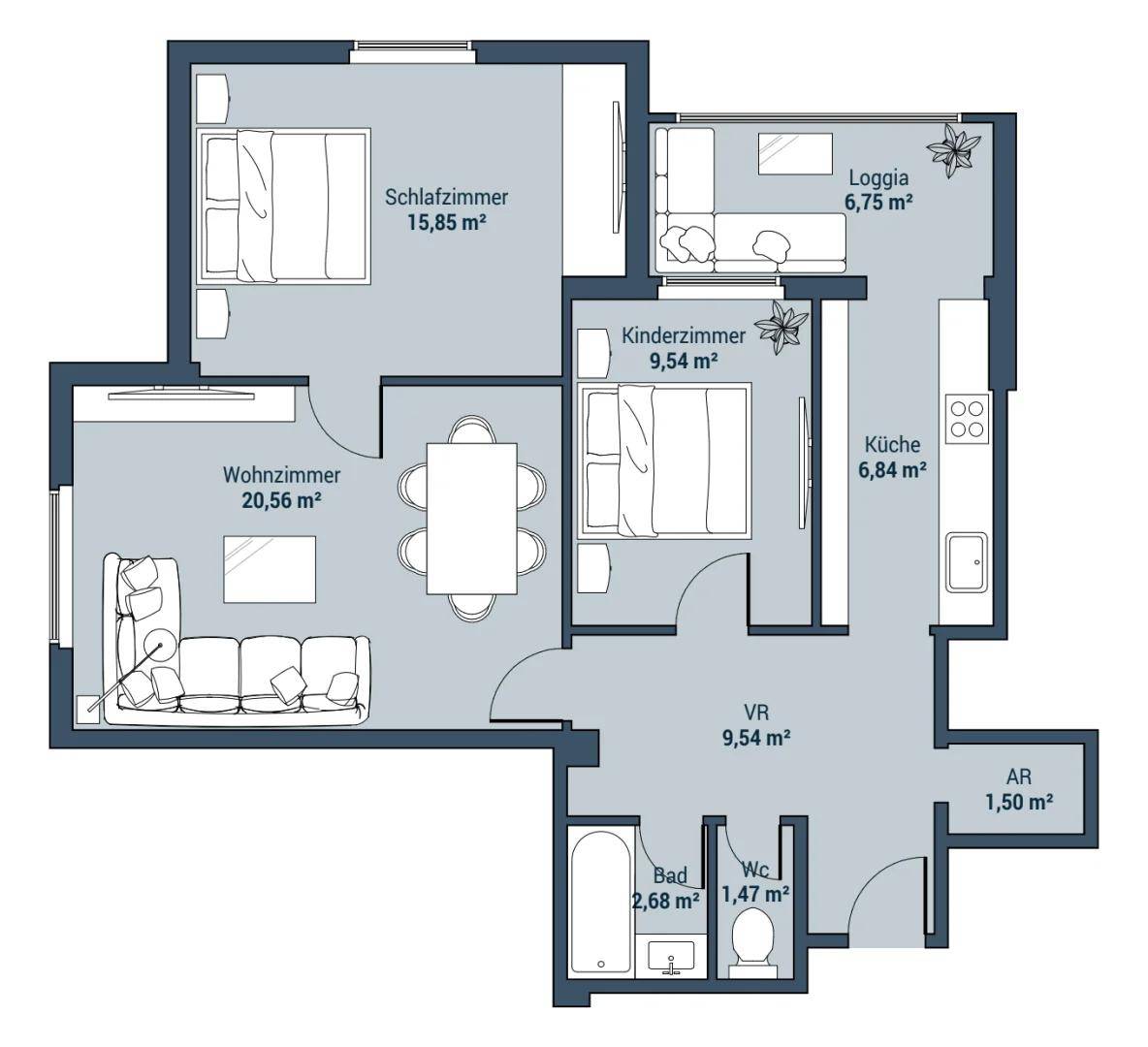 Der Grundriss zeigt eine Wohnung mit Wohnzimmer, Schlafzimmer, Kinderzimmer, separater Küche, Bad, WC und Loggia.