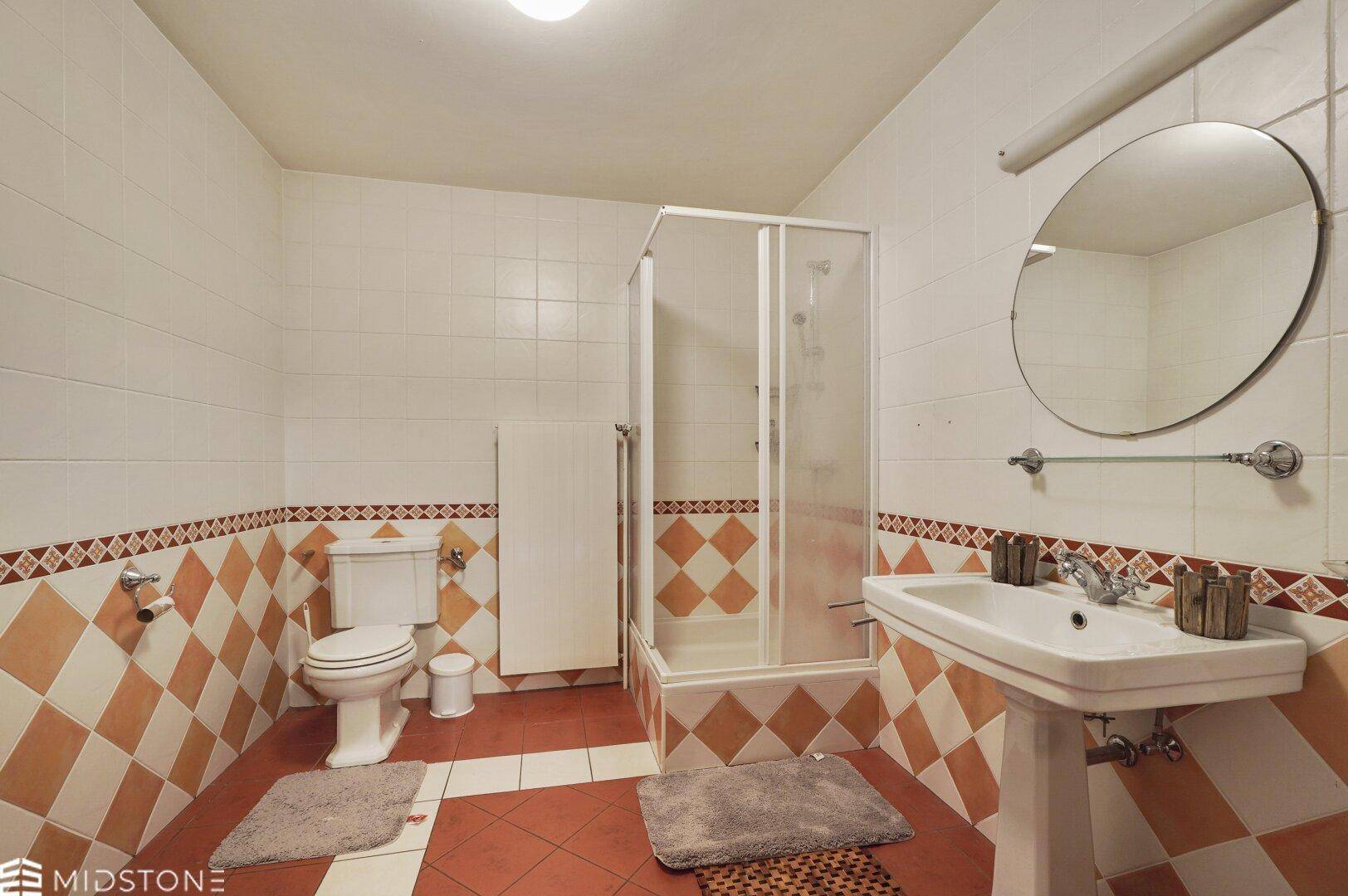 Badezimmer mit gemusterten Fliesen, Duschkabine, Toilette und einem Standwaschbecken.