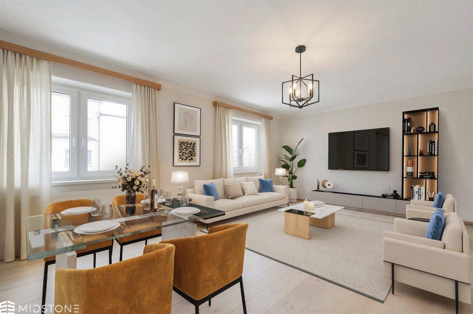 Heller Wohn- und Essbereich mit modernem Design, bequemer Couch und elegantem Esstisch.
