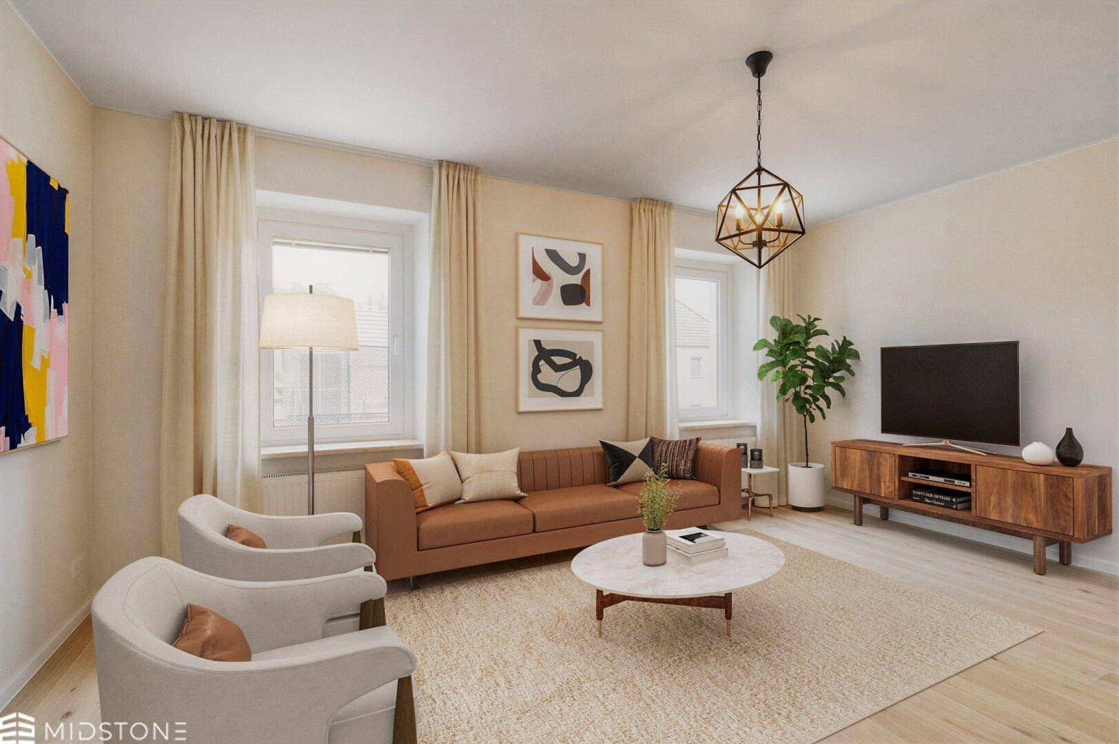 Helles Wohnzimmer mit beigefarbenen Wänden, modernem Sofa und stilvoller Dekoration.