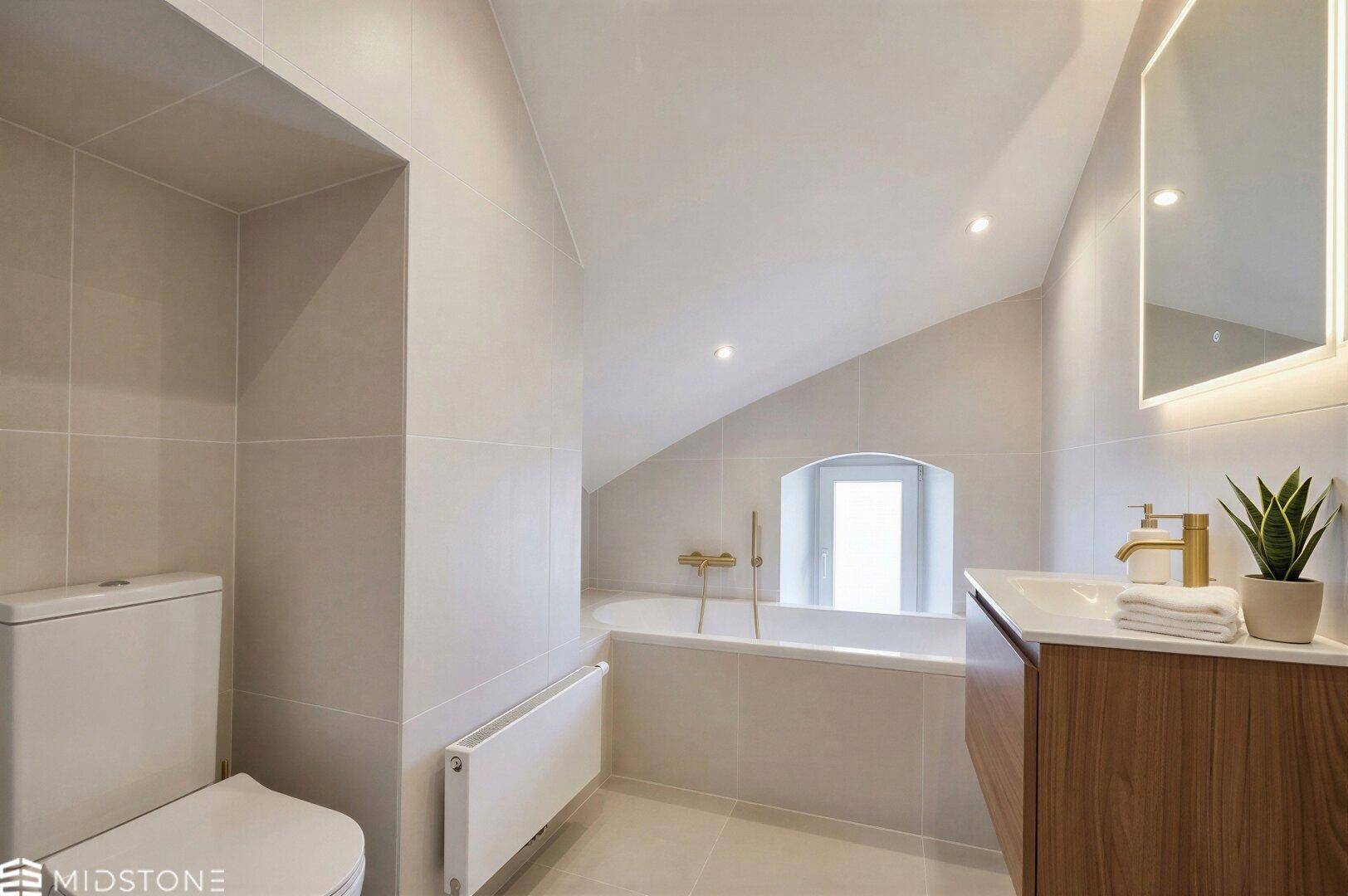 Modernes Badezimmer mit Badewanne, Waschtisch und Dachschräge.
