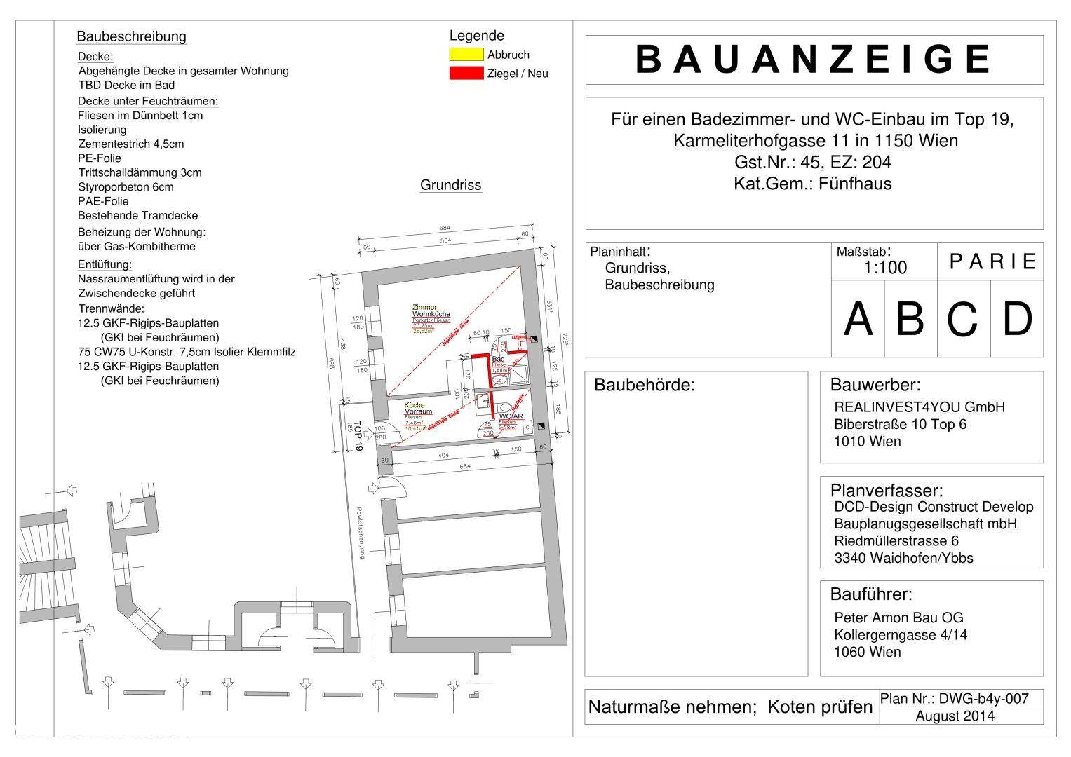 Grundrissplan einer Wohnung mit Details zur Baubeschreibung und Raumaufteilung.