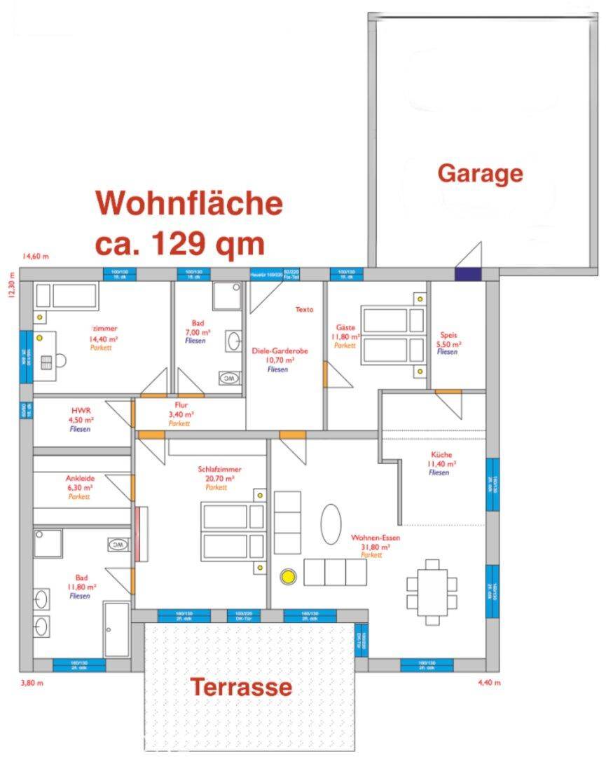 Grundriss des Hauses mit Wohnfläche von ca. 129 m² und Terrasse.