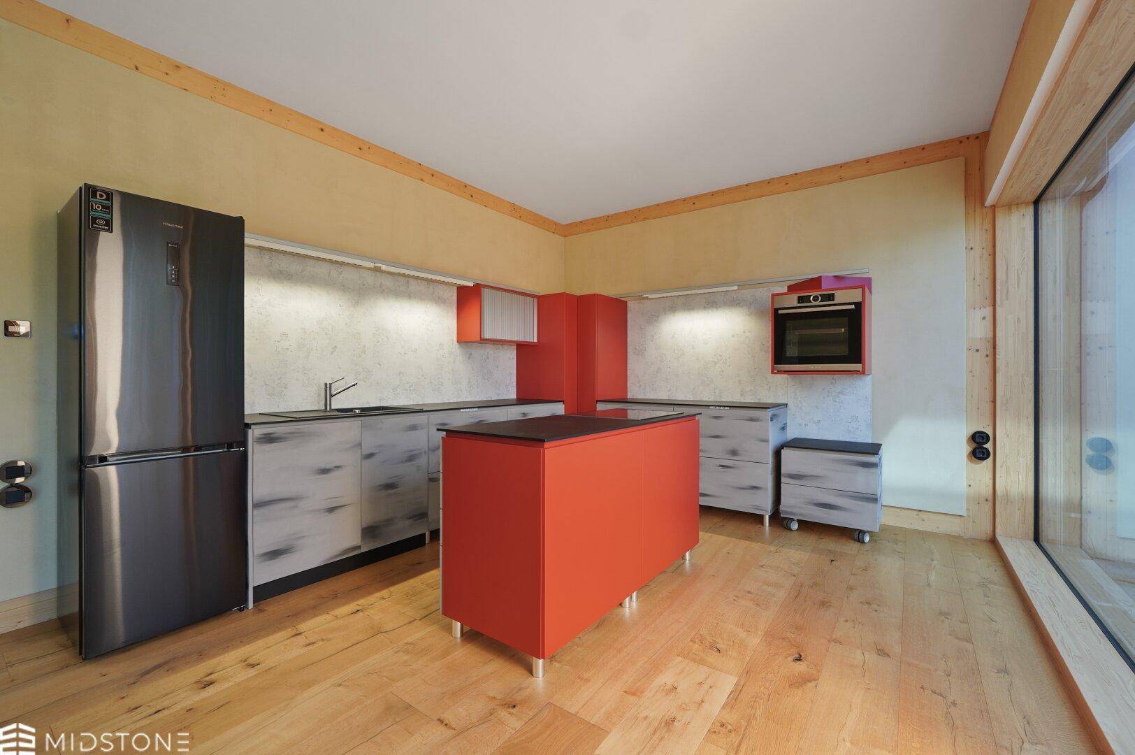 Funktionale Küche mit roten und grauen Schränken, Kühlschrank und integriertem Backofen.