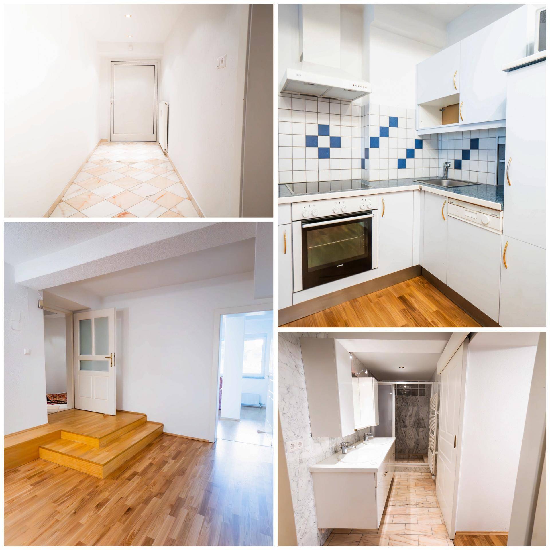 Funktionale Küche mit weißen Einbauschränken und blauen Akzentfliesen, ergänzt durch helle Flure und ein Badezimmer mit Doppelwaschbecken.