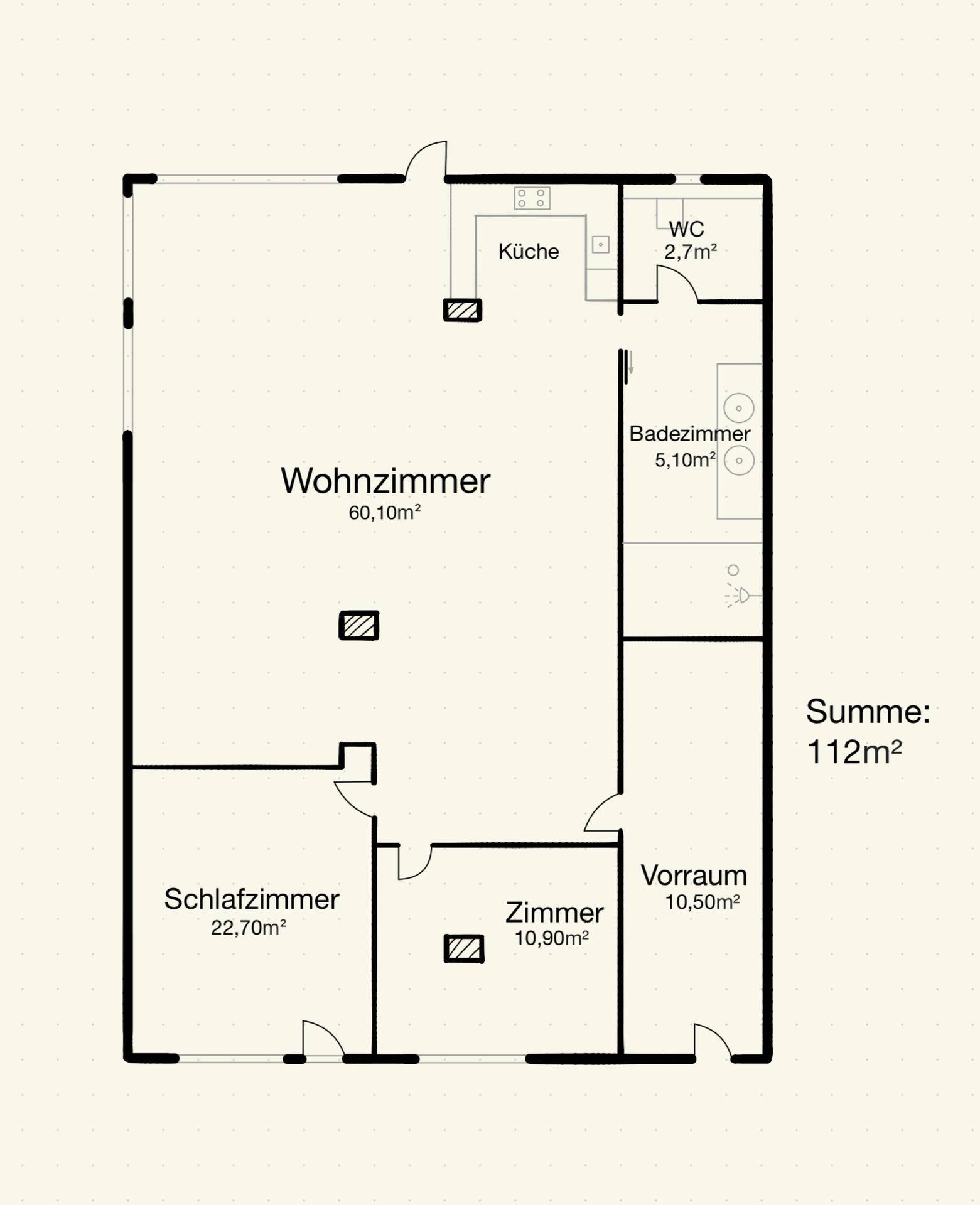 Grundriss einer Wohnung mit großem Wohnzimmer, Schlafzimmer, separatem WC und Badezimmer.