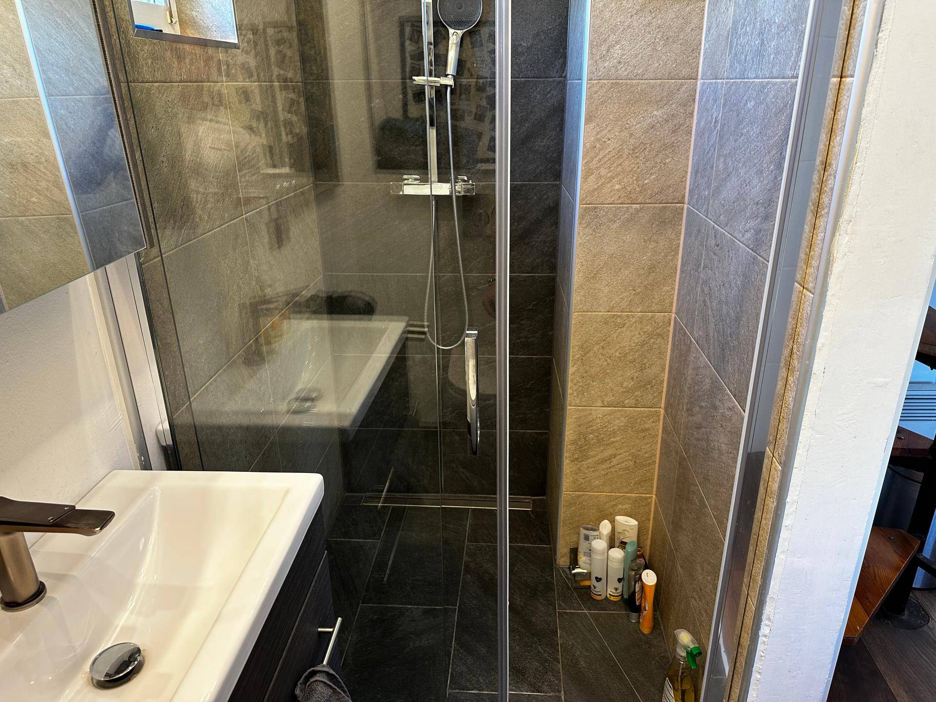 Modernes Badezimmer mit begehbarer Dusche, dunklen Fliesen und elegantem Waschbecken.