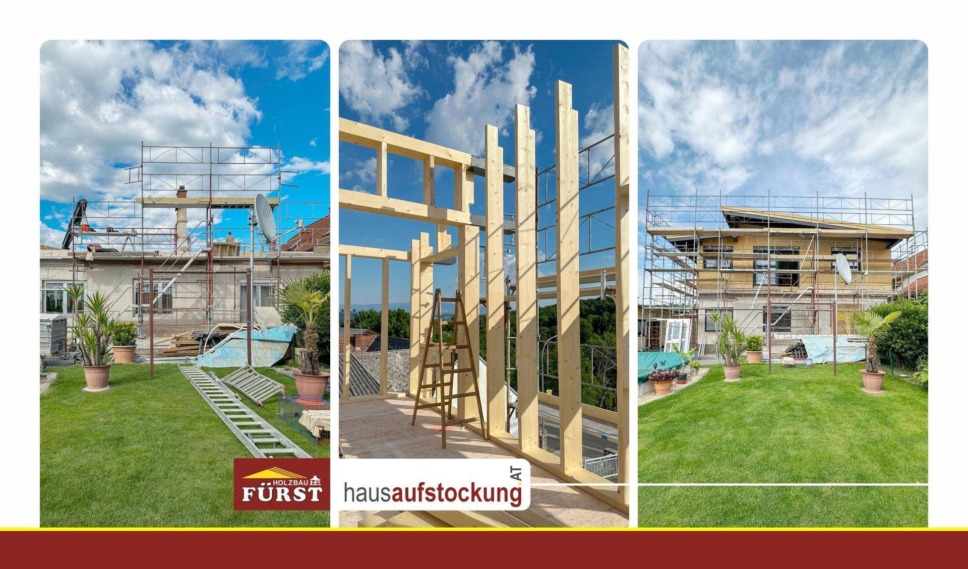 Hausaufstockung im Bau mit sichtbarer Holzrahmenkonstruktion und Gerüst auf einer grünen Wiese.