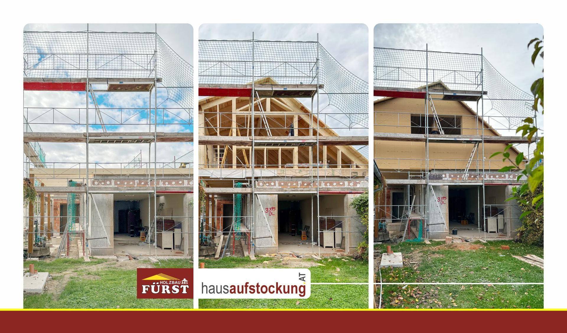 Hausaufstockung mit sichtbarem Dachstuhl und Gerüst, umgeben von einer grünen Rasenfläche.