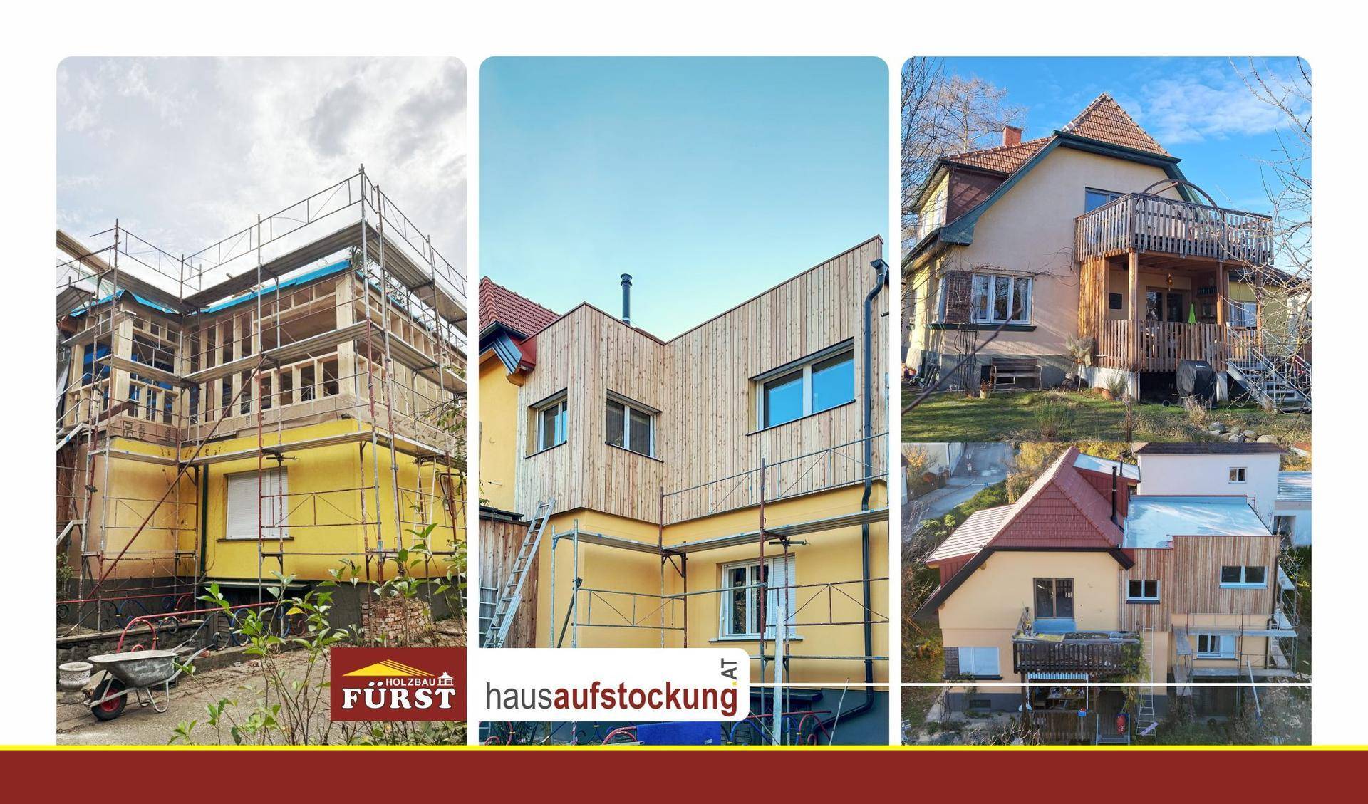 Hausaufstockung mit Holzverkleidung und Gerüst, die den Fortschritt der Bauarbeiten zeigt.