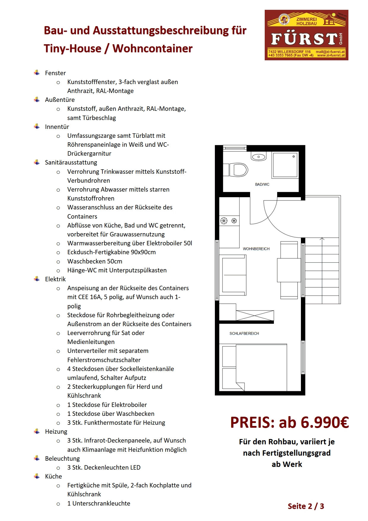 Grundriss eines Tiny Houses mit Schlafbereich, Wohnbereich und Bad.