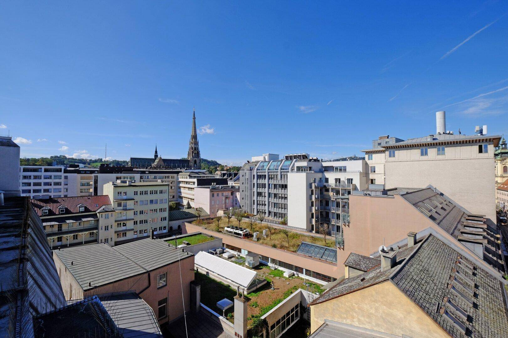 Weitläufiger Blick über die städtische Bebauung mit grünen Dächern und einem Kirchturm am Horizont.