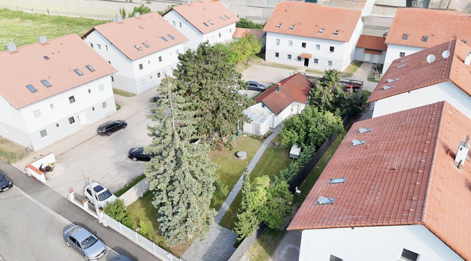 Luftaufnahme einer Wohnsiedlung mit Häusern, Bäumen und Grünflächen in ländlicher Umgebung.